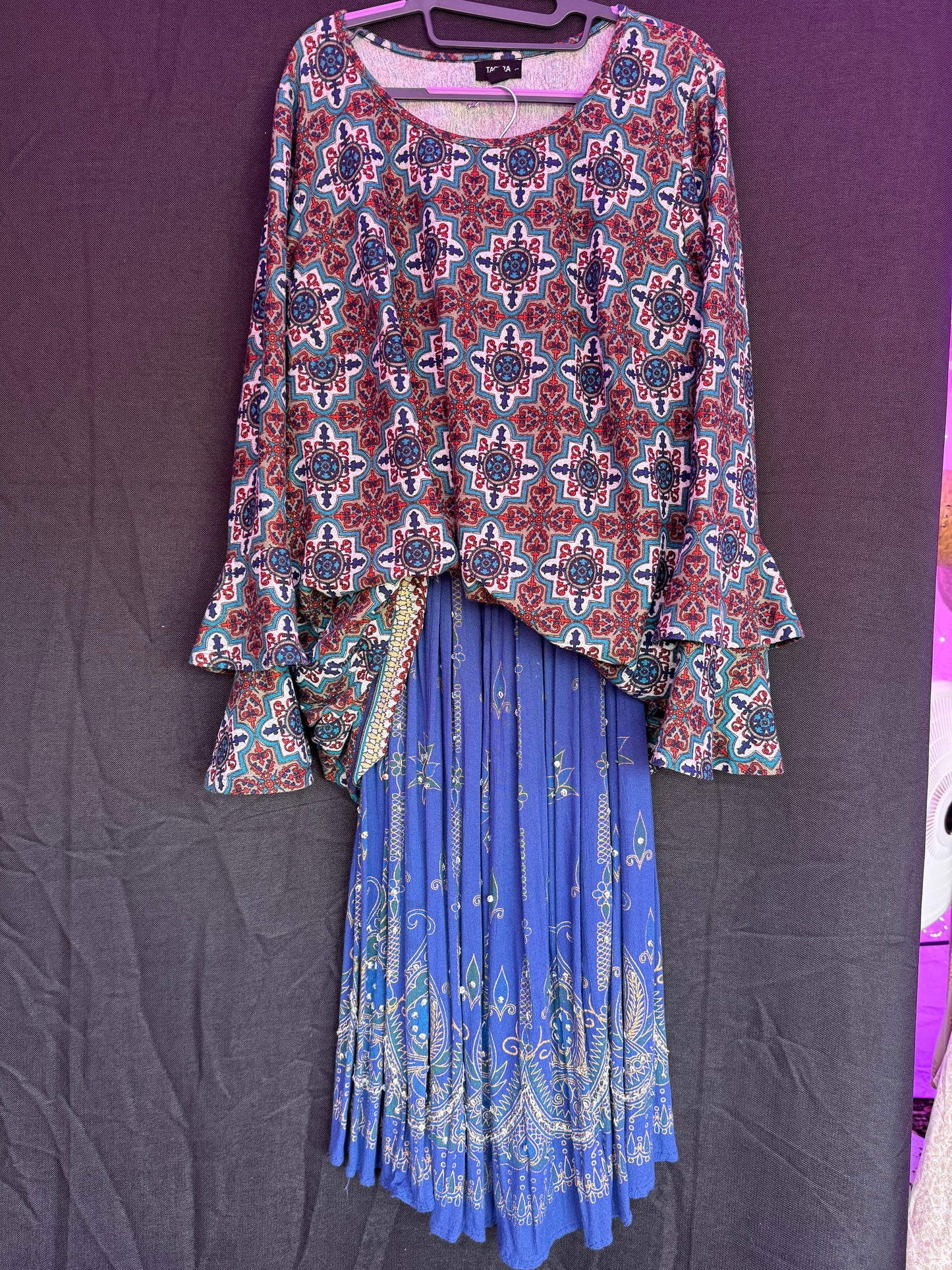 "Free Size" Blue and Green Maxi Skirt with gems-- sz Free Size (fits like M)