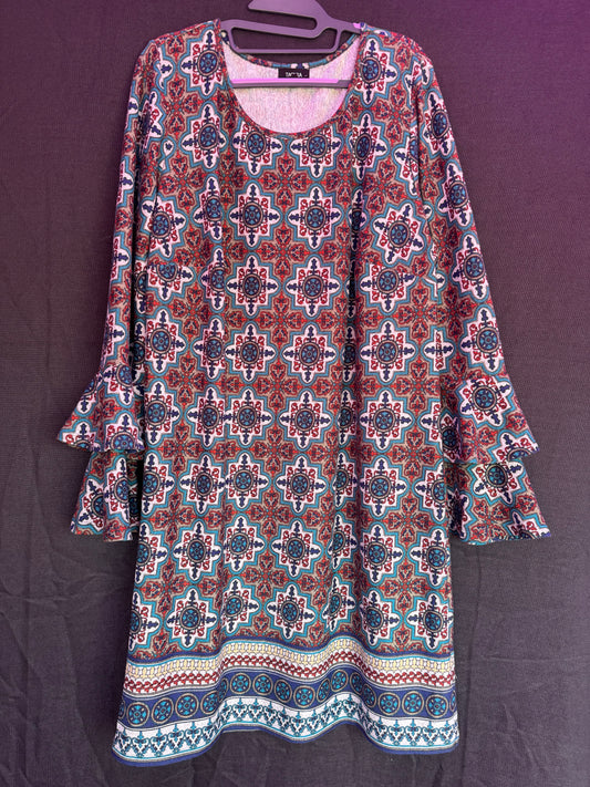 Tacera Jewel-Tone pattern Midi Dress-- sz 1X (roomy fit)