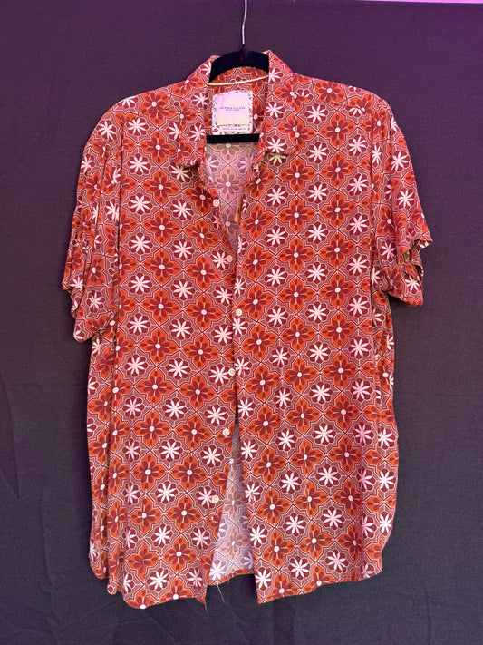 Denim & Flower Ricky Singh brown retro pattern Button-Up Shirt-- sz XL (fits like L)