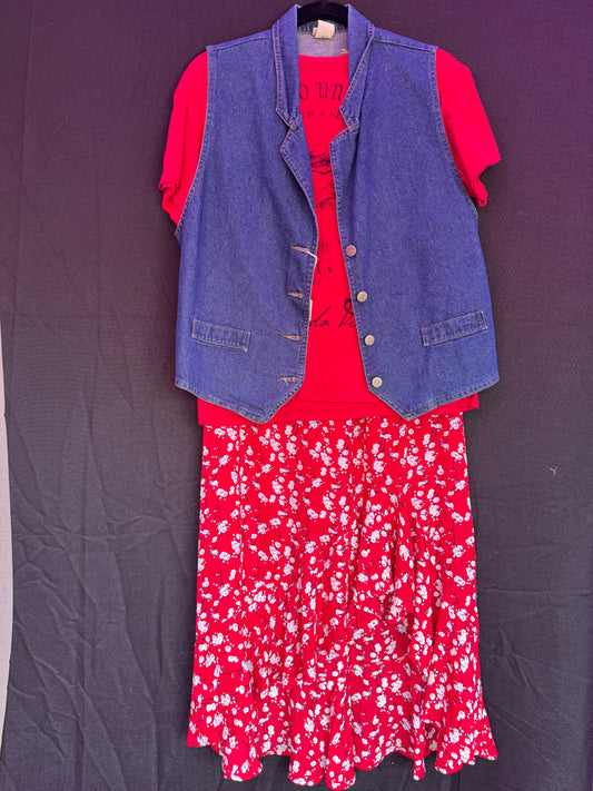 Max Studio Red Floral blue and white Hi Lo skirt-- sz M