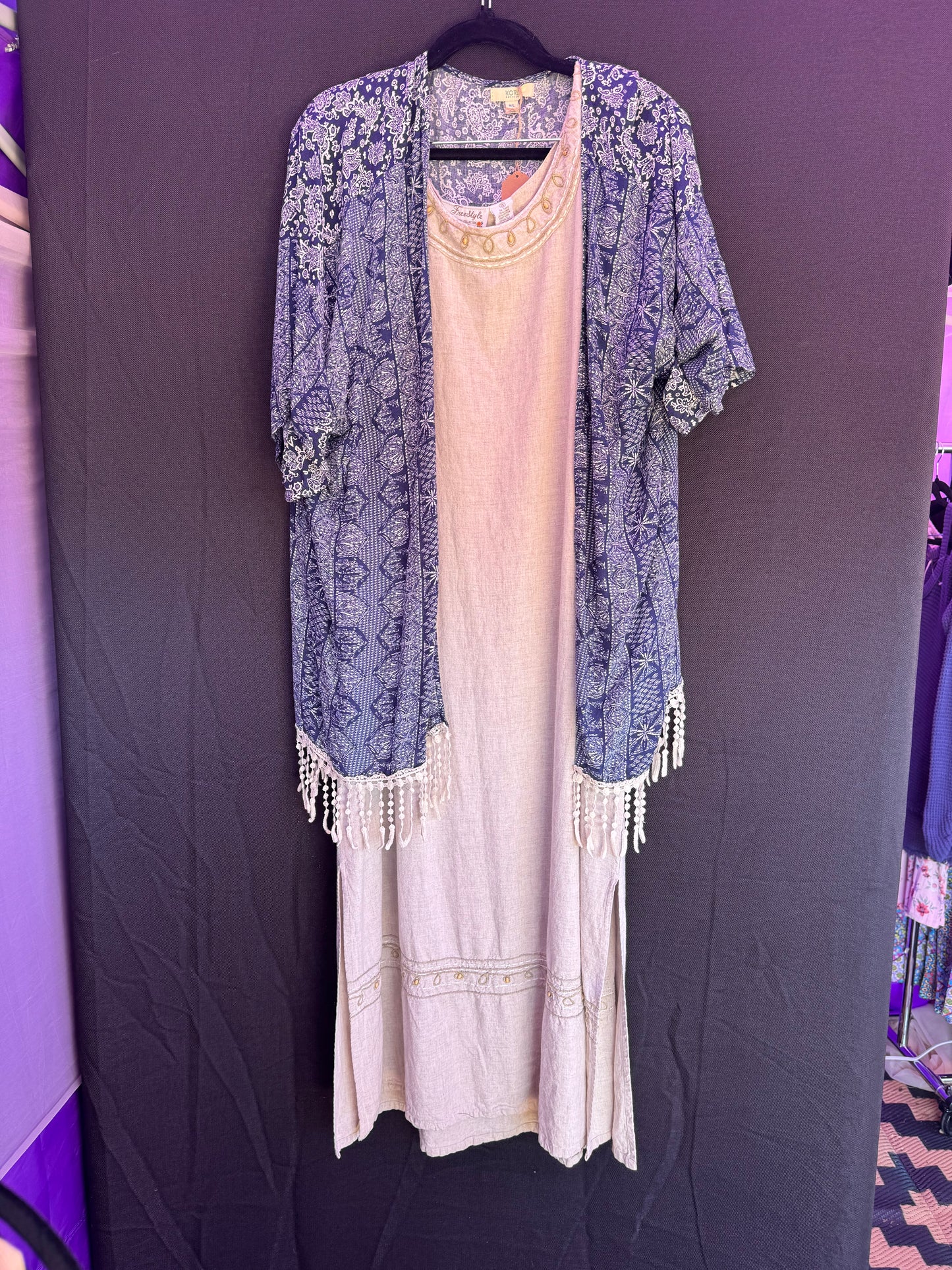 Kori America blue and white with fringe Kimono/Cover-up-- sz M/L