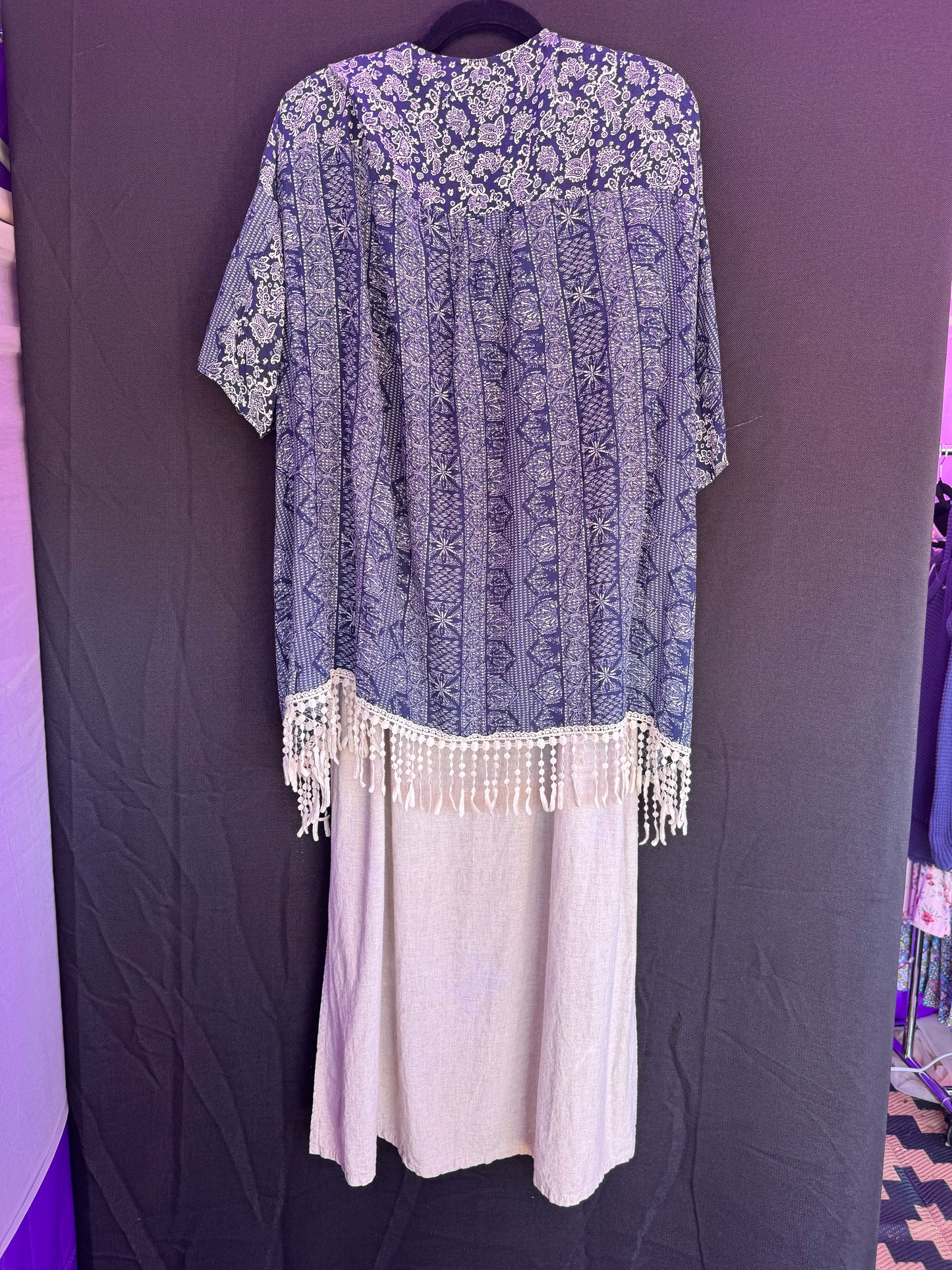 Kori America blue and white with fringe Kimono/Cover-up-- sz M/L