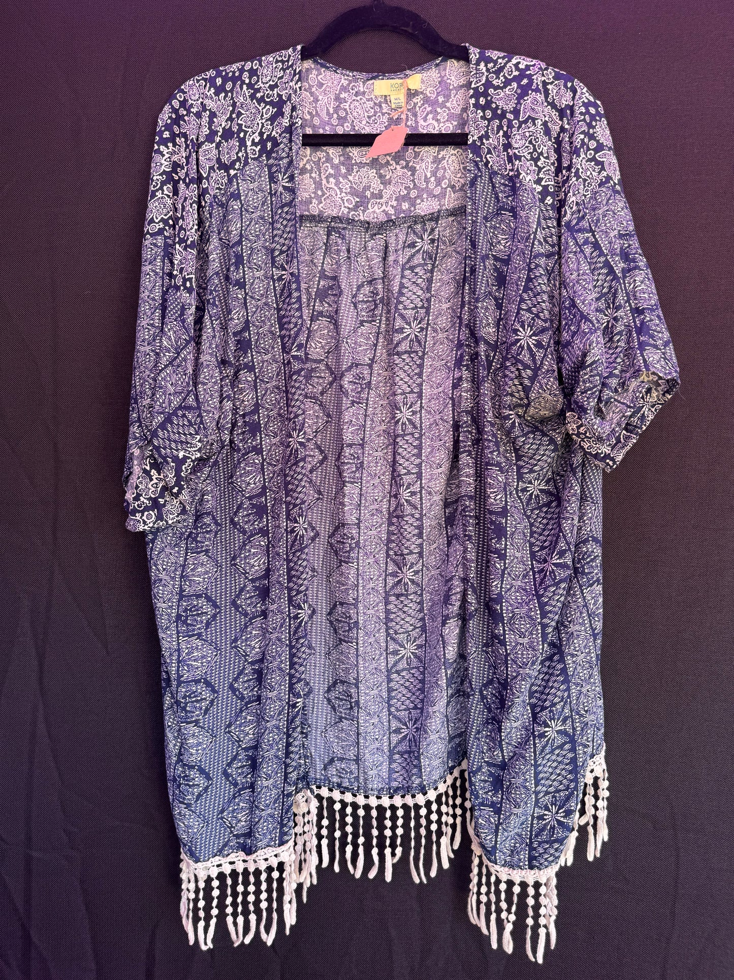Kori America blue and white with fringe Kimono/Cover-up-- sz M/L
