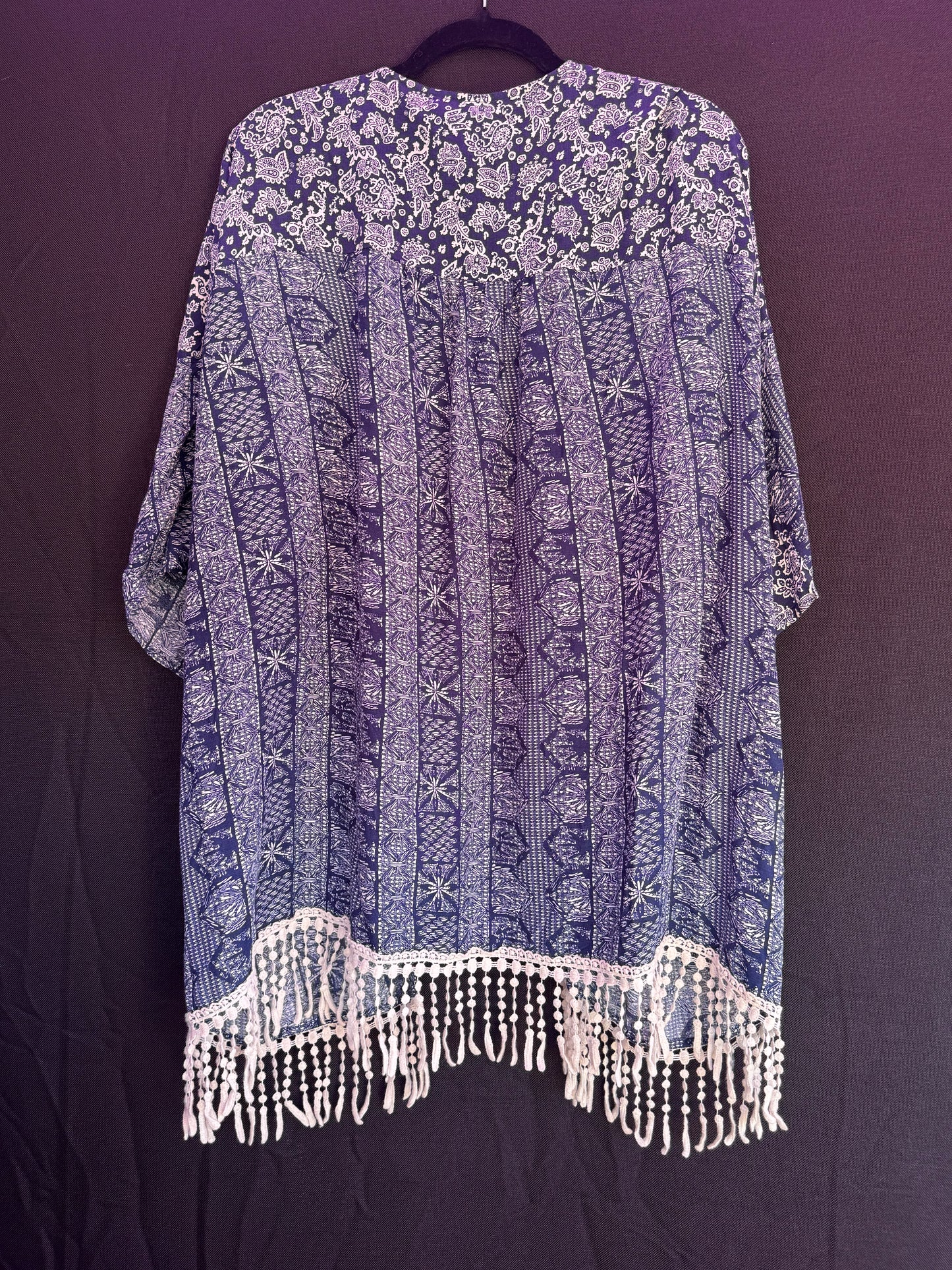 Kori America blue and white with fringe Kimono/Cover-up-- sz M/L