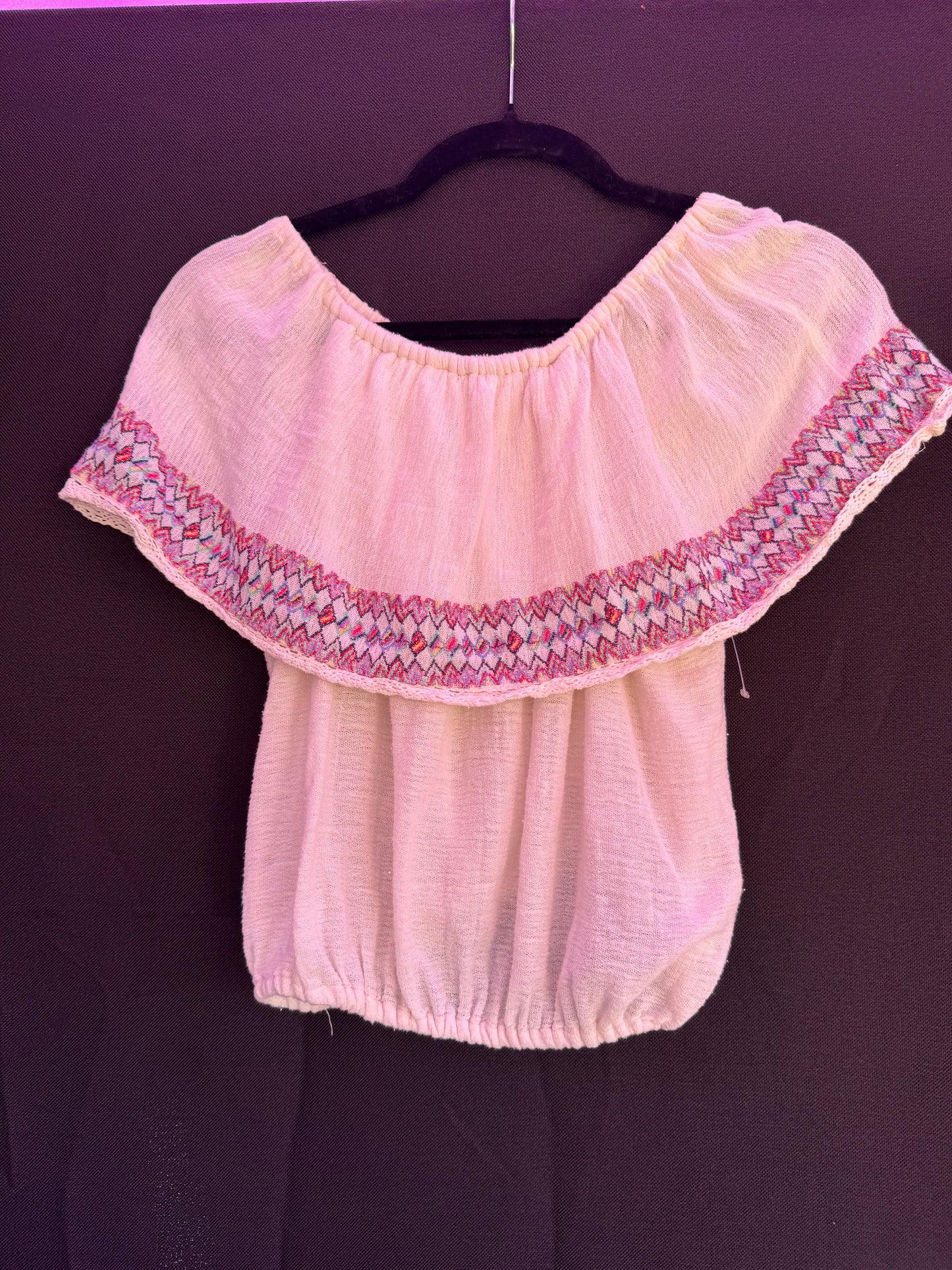 Billabong White and Multi Color embroidered off the shoulder top (has flaw pictured) -- sz S/P