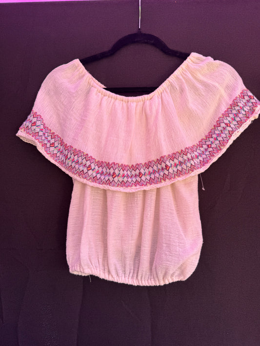 Billabong White and Multi Color embroidered off the shoulder top (has flaw pictured) -- sz S/P