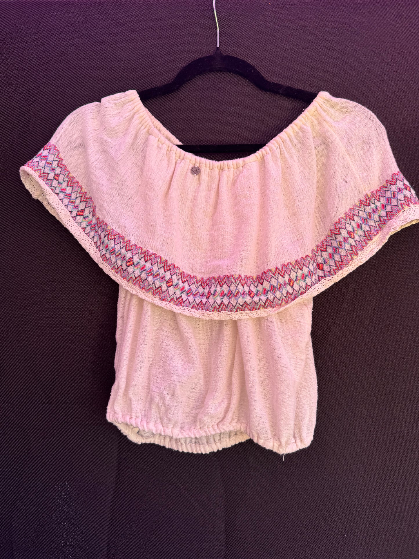 Billabong White and Multi Color embroidered off the shoulder top (has flaw pictured) -- sz S/P