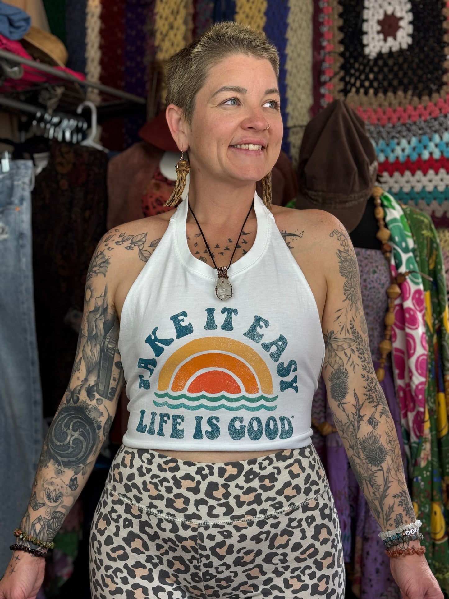 Life is Good Take it Easy Reworked Graphic T-Shirt— Free Size (best fit Size XXL and Below)