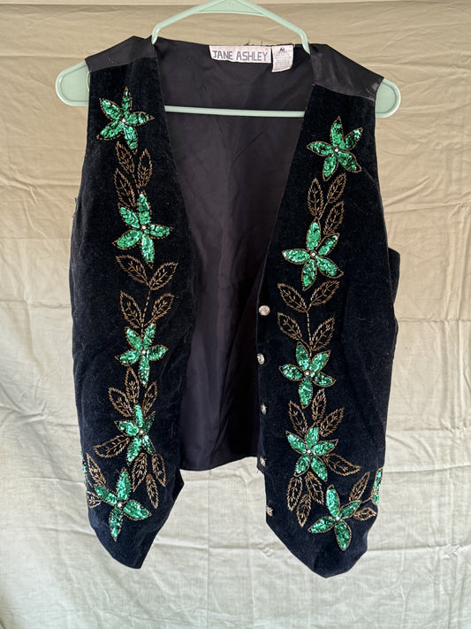 Jane Ashley Black Velvet abd Green Flower Vest ( M )