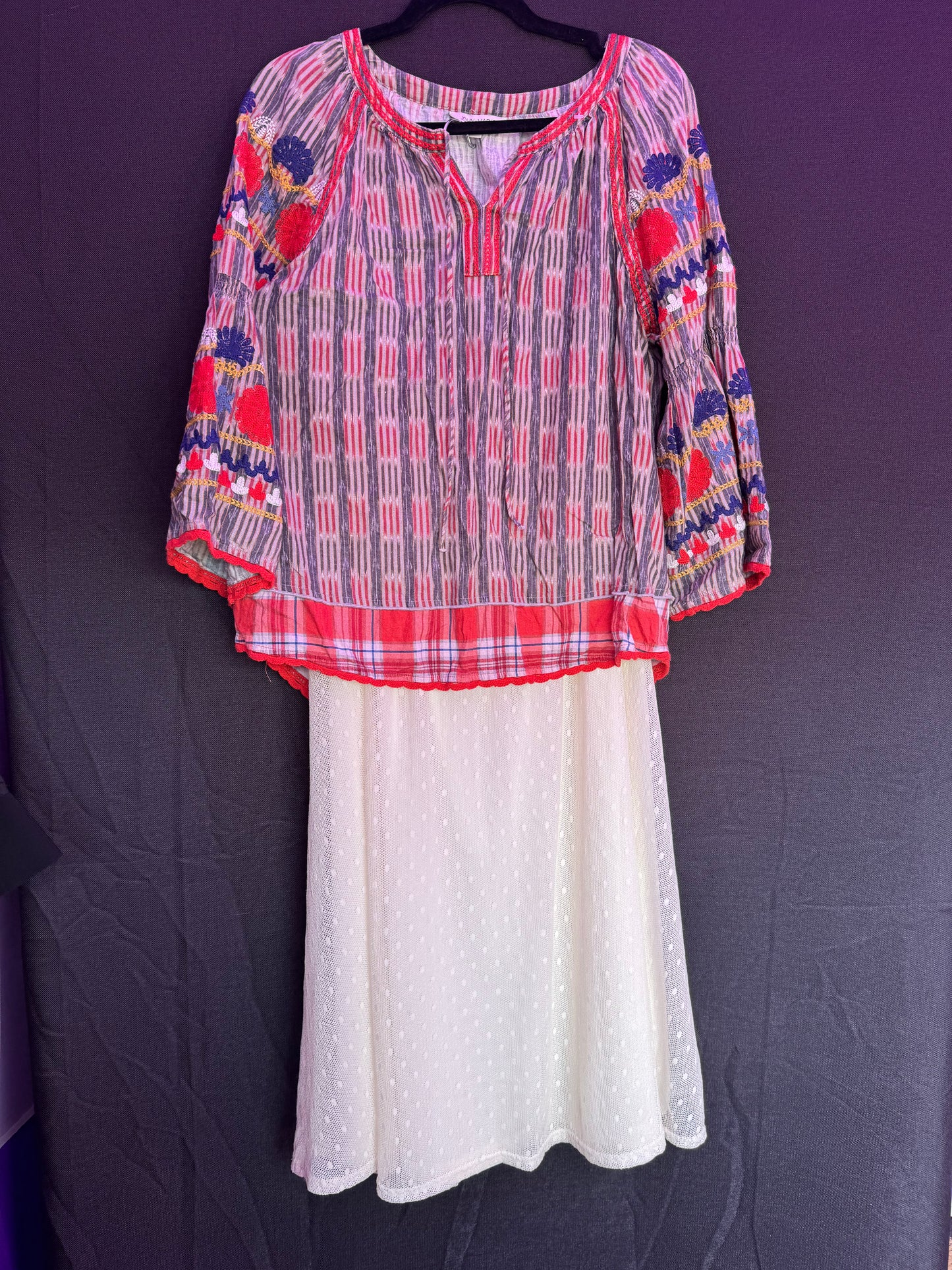 LBW Polka Dot Lace Cream Midi Skirt-- sz M (generous M)